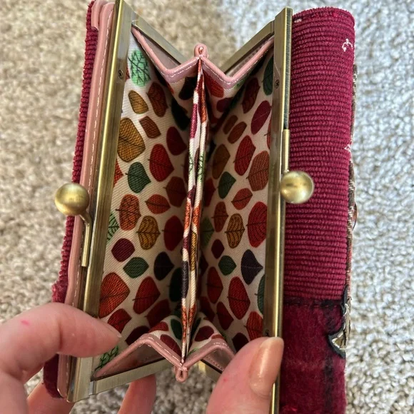 Vendula London Autumn Burgundy Fabric trifold Wallet Bird Patch & coin purse - Picture 11 of 11